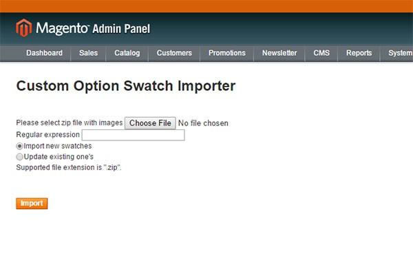 5. Custom Options Swatch and Magmi importer Magmi (Magento Mass Importer) supportsmagento default custom option types, however it is possible to use it for importing custom option swatches too. 1.