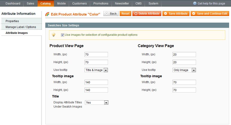 1. How to upload images for attributes Tick this checkbox before clicking Save Attribute button to enable image-based selection of options for configurable product attributes.