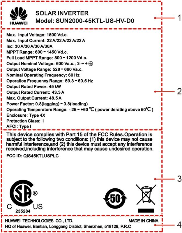 2 Overview Figure 2-8 Nameplate (1) Trademark and product model (2) Important technical specifications (3) Compliance symbols (4) Company name and country of manufacture Table