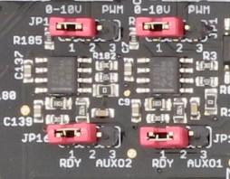 5 Configuring the analogue outputs The CNC760 board contains two identical 0-10V outputs. There are 2 jumpers for each output that can be used to configure the behaviour of these outputs.