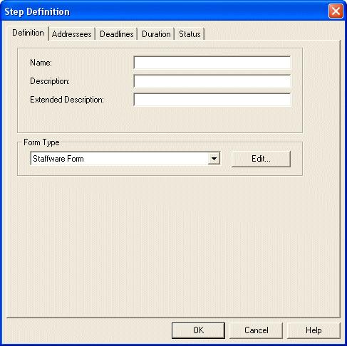 12 Chapter 2 Getting Started The Step Definition dialog is displayed. (If you have TIBCO iprocess Client (VBA) installed, the Step Definition dialog includes extra options). 2. Enter the Name you want to call the step.
