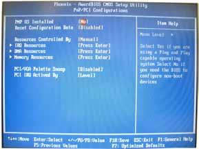 PNP/PCI Configuration Reset Configuration Data: enable to