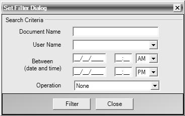 ATX Document Manager displays the Set Filter Dialog window: 2. Set the filter criteria of how you wish to filter the log file. Click the drop-down arrows for options in each of the fields. 3.