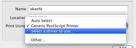Under Print Using, choose "Select a device driver to use." The specific URL may vary for different models of printer.