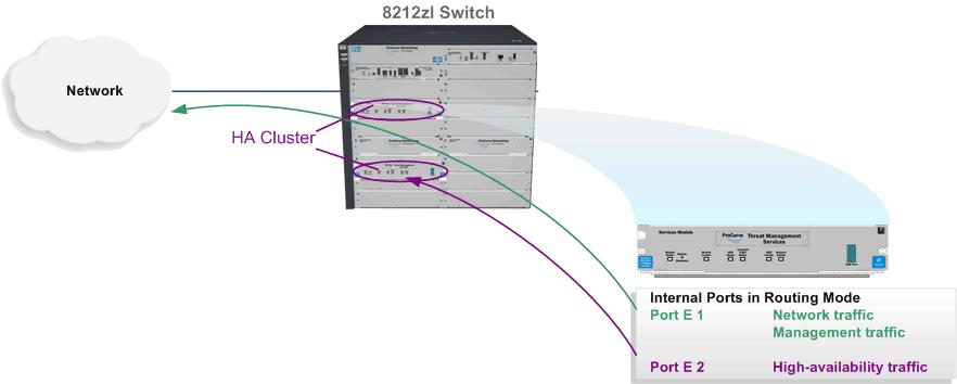 Internal Ports in Routing Mode Each of the two internal ports supports 10 Gbps. The host switch references the ports by slot and port number. For example, port E1 and E2.