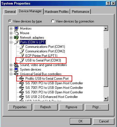 In System Properties, the Device Manager will display USB to