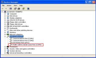 In System Properties, Device Manager, Prolific USB-to Serial Converter Port