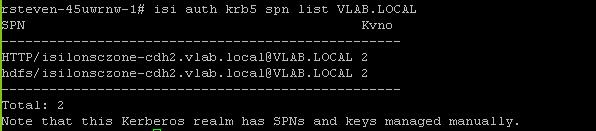 isi auth krb5 spn create --provider-name=vlab.local --spn=hdfs/isilonsczonecdh2.vlab.local --user=cloudera-scm/admin@vlab.