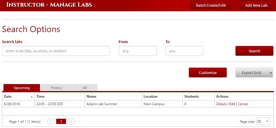 Go to the top menu and click Labs, Manage Labs from the dropdown. If you have any Labs setup, you will see them displayed in the Manage Labs table.