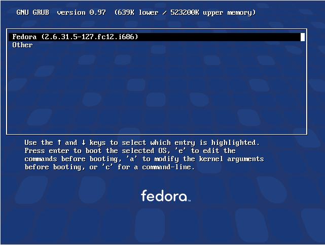 This menu provides the option of booting either "Fedora" or "Other". In this instance, selecting "Other" will boot your original Windows installation.