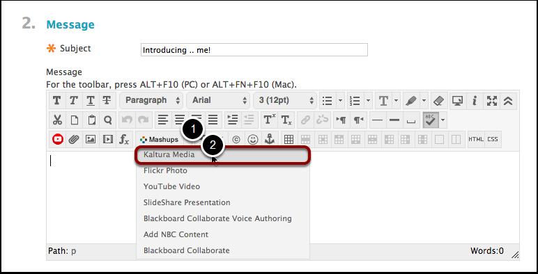 Kaltura Webcam Recording (Blackboard) Note - You can also launch the Kaltura Webcam Recorder from within Blackboard. 1. Open a text editor in Blackboard (eg.