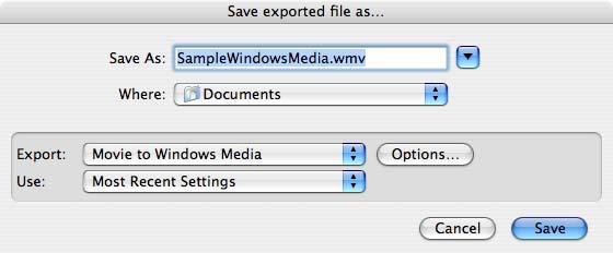 Using WMV Export After you install WMV Export, Windows Media is an export option in supported QuickTime applications.