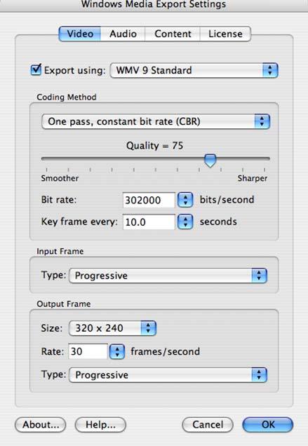 Using the Export Settings Dialog When you click Options, WMV Export displays the Windows Media Export Settings dialog with four panels: Video, Audio, Content, and License.