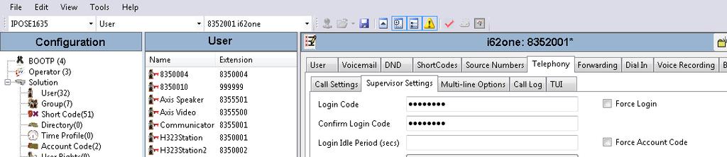 When Telephony tab opens click on the Supervisor Settings tab and enter a Login Code in the Login Code box. The Login Code is used by the i62 Handset to log in to the IP Office in Section 6.