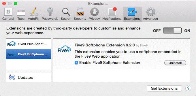 6 Enable the Five9 Softphone Extension. a In the Safari Preferences, select the Extensions tab.