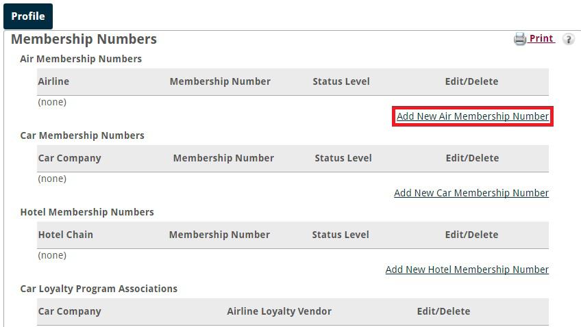 Here you can add your membership and/or loyalty numbers for airlines, cars and hotels.