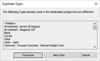Design Integration Using Autodesk Revit 2018 9. Click OK to import the selected items. Because some items overlap, Revit prompts you about Duplicated Types; you can Overwrite or select New Only.