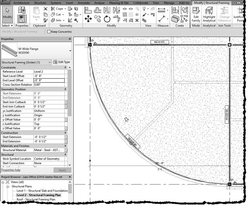 Design Integration Using Autodesk Revit 2018 You will now add the curved beam, a column and two grids to finish off the Level 2 primary structure.