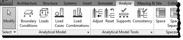 Structural System Ribbon Analyze tab: The Analyze tab reveals several tools which allow the structural engineer