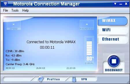 Profiles The Motorola Connection Manager Interface The main interface for establishing WiMAX-based wireless connections is shown below.