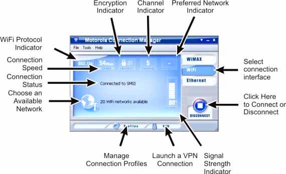 The main interface for establishing WiFi based wireless connection is shown below. This window will display details about the network you are currently connected to.