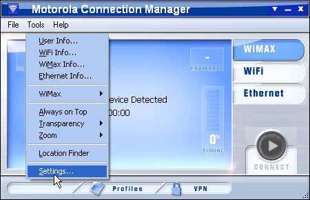 Creating and Managing Network Profiles The Motorola Connection Manager Settings The Settings Window The "Settings" window allows you to configure the behavior of the Motorola Connection Manager