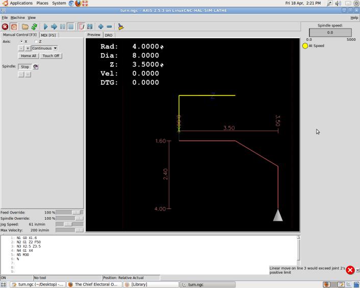 56 Figure 5.4 LinuxCNC Simulator AXIS screen shot 5.5 RESULTS AND ANALYSIS The drives and motors are successfully interfaced with LinuxCNC.