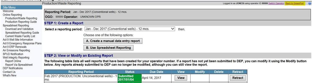 9. Once your report has been submitted as final, you can view the report by clicking the production waste reporting link in the site menu.