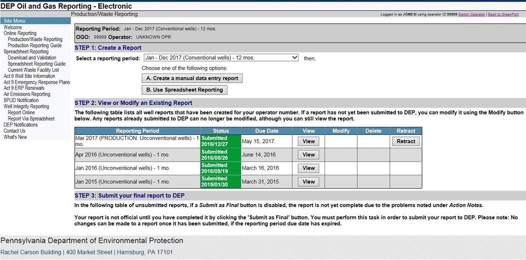 Production/Waste Reporting 1. Select production/waste reporting from the site menu on the left-hand side of the screen 2.