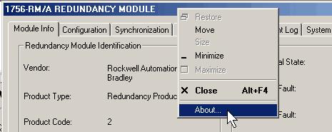 ControlLogix Enhanced Redundancy System, Revision 16.081_kit4 55 2. Right-click the title bar and choose About. The About dialog box opens and indicates the RMCT version.