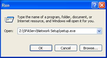3 Installing Network Step 1: Installing the Client Components In the Run dialog, enter the mapped drive path to the folder (for example, Z:\SFAServ\Network Client\SETUP.EXE.
