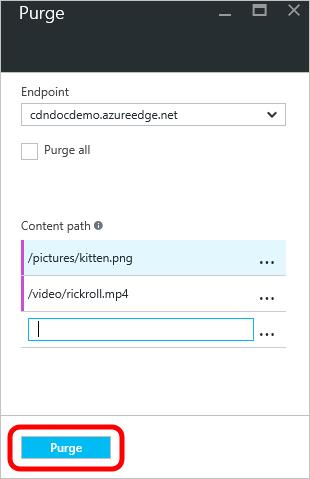TIP Paths must be specified for purge and must be a relative URL that fit the following regular expression. Purge all and Wildcard purge not supported by Azure CDN from Akamai currently.