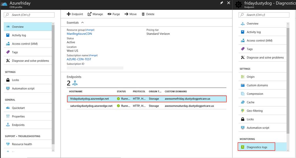 3. Select Diagnostics Logs in the Monitoring section. Enable logging with Azure Storage 1.