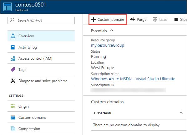 In the Add a custom domain page, you see the endpoint host name to use in creating a CNAME record. The host name is derived from your CDN endpoint URL: <EndpointName>.azureedge.net.
