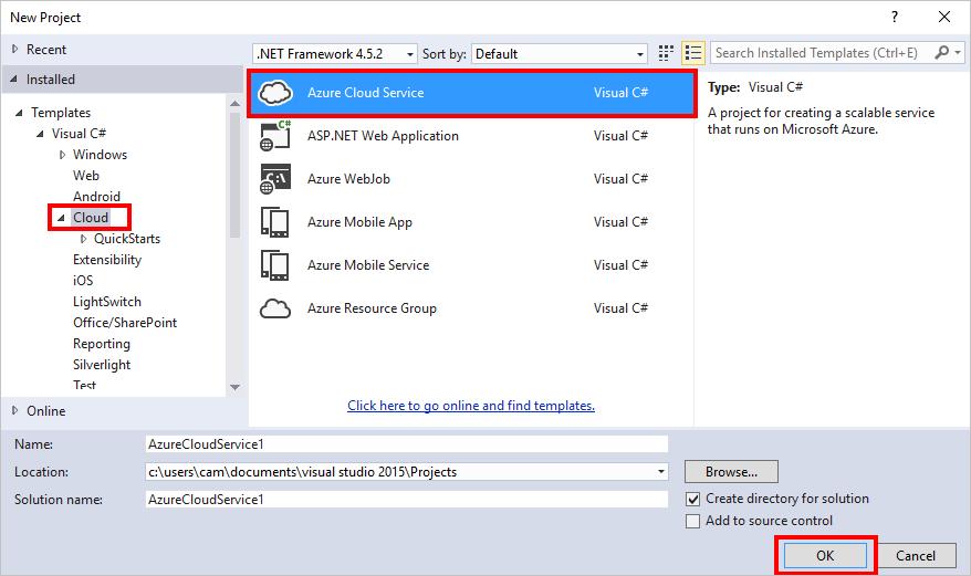 1. In Visual Studio 2015, create a new Azure cloud service from