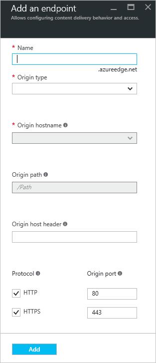 3. Enter a Name for this CDN endpoint. This name will be used to access your cached resources at the domain <EndpointName>.azureedge.net. 4. In the Origin type dropdown, select Cloud service. 5.