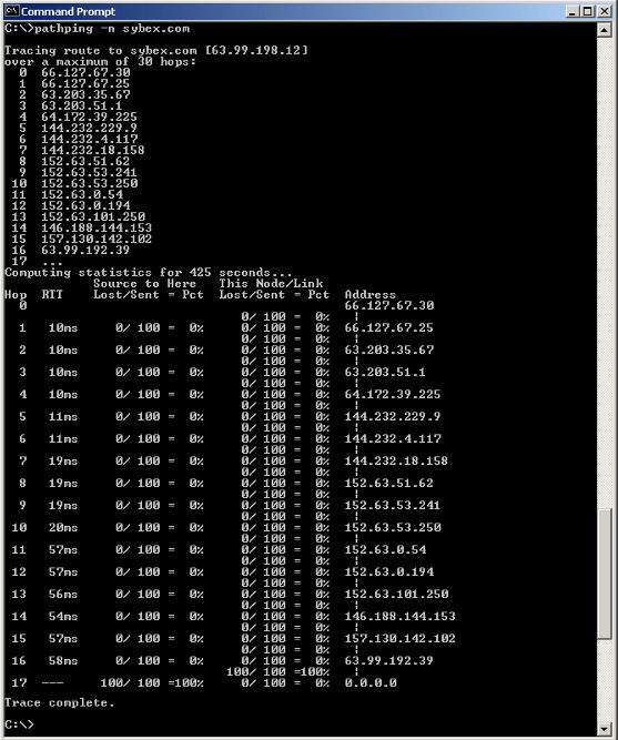 Troubleshooting Network Protocols 43 FIGURE 1.13 Pathping output The most useful switch to know is the -n switch, which only displays the IP address of each hop rather than resolving each name.