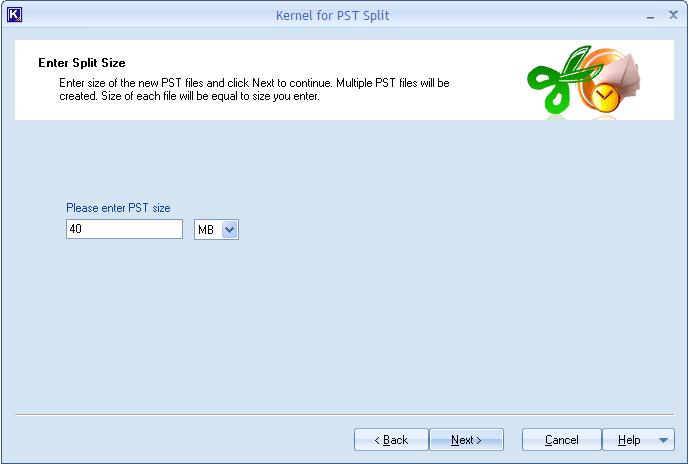 Select the Split PST file based on size option to initiate the split process and click the Next button. The Enter Split Size page appears: Figure 4.11: Displaying the Enter Split Size Page 5.