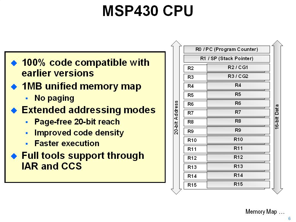 Introduction to Value Line MSP430 CPU Memory Map Memory Map Flash programmable via JTAG or In-System (ISP) ISP down to 2.2V.
