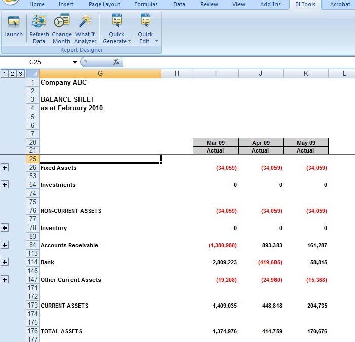 The Excel Workbook Once you have generated your layout. Your report layout is delivered as per your designed layout in Excel. You can begin your analysis immediately.