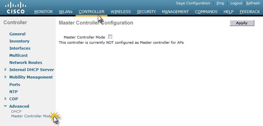 Master Controller Mode Master Controller configuration should only be used for provisioning APs to associate them to a