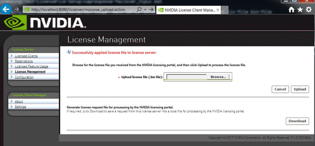 Back on the License Management page, click Upload to install the license file on the