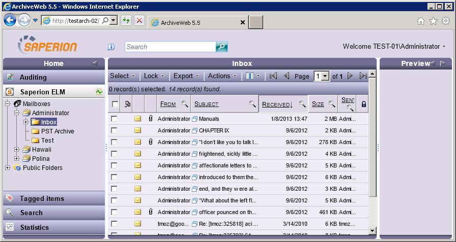 4 Saperion ELM tab Fig. 4 3: Mailbox folders 4.2 Email handling When an email is selected, a preview displays the body, header and attachment information.