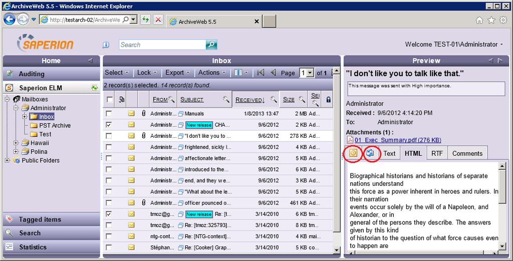 elm file). To open or save an email, click the Outlook or Outlook Express icon in the Preview pane of the given email. The email opens in a new window, and can be replied to, forwarded, and so on.
