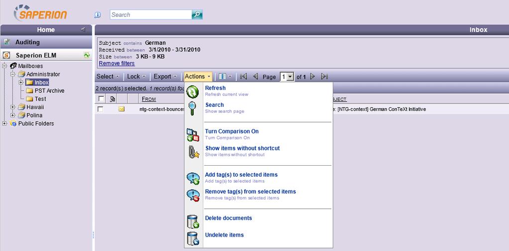 4 4.4.1 Saperion ELM tab Actions Menu The [Actions] menu button is located on the menu bar of the main pane.
