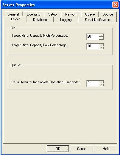Configuring target data processing options 1. Right-click a server on the left pane of the Replication Console. 2. Select Properties 3. Select the Target tab. 4.