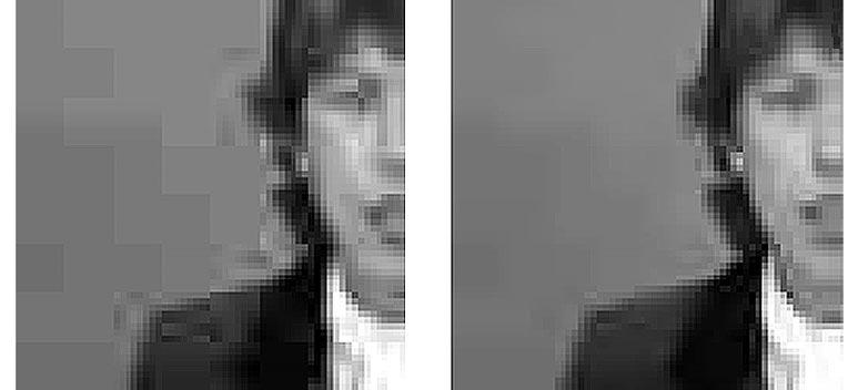 (d) Reduction of blocking artifacts with the proposed method at 0.3137 bpp. (e) Portion of the JPEG coded Claire image at 0.3779 bpp. (f) Reduction of blocking artifacts with the proposed method at 0.