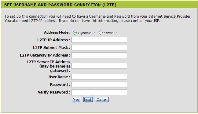 If you selected L2TP, enter your L2TP username and password. Click Next to continue.