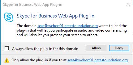 WEB Option : Join with installing the Skype Web App plug-in Internet Explorer Experience: Full Skype for Business functionality through a web browser, including audio, video, PowerPoint, Desktop
