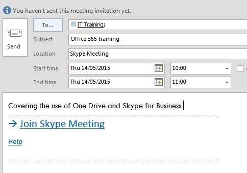 2. Click the New Skype Meeting button on the ribbon 3. In the meeting request window enter the attendee and date/time data as for a standard meeting.